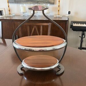 Elegant Two-Tier Metal and Wood Serving Stand
